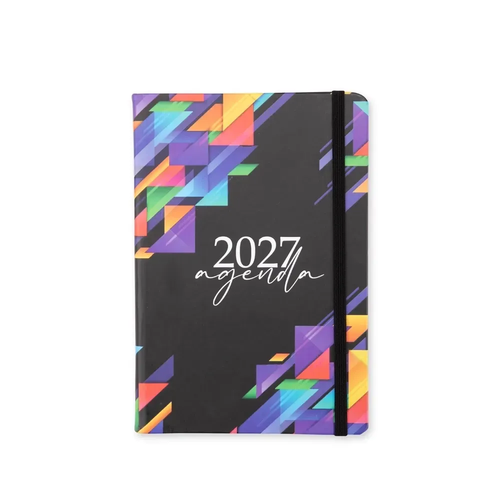Agenda diária couchê estampado geométrico personalizada preto