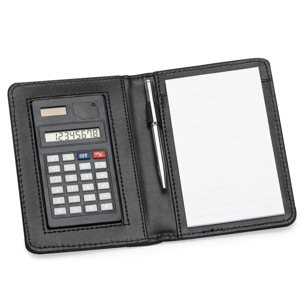 Bloco de anotações personalizado com calculadora e caneta preto
