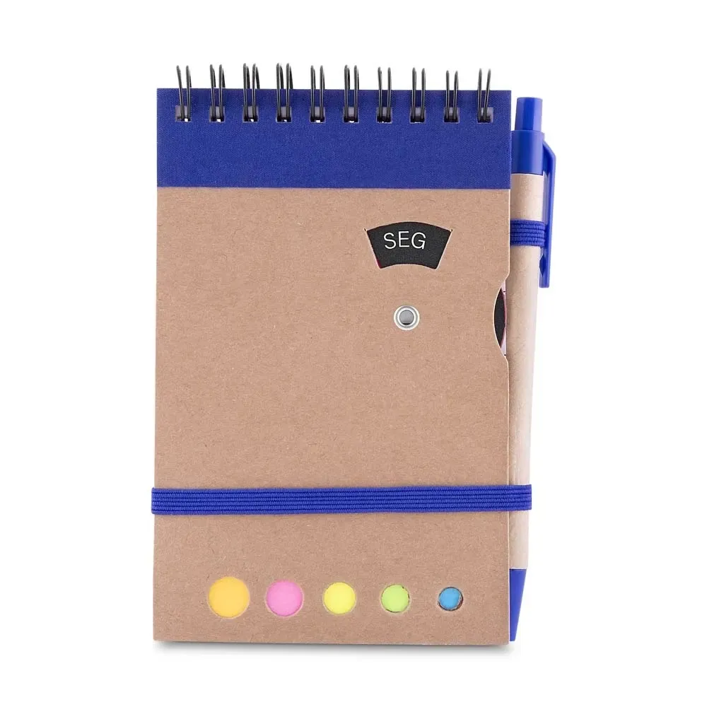 Bloco de anotações kraft personalizado azul com disco semanal e caneta