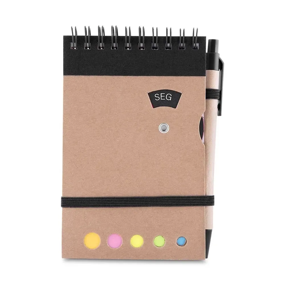 Bloco de anotações kraft personalizado preto com disco semanal e caneta