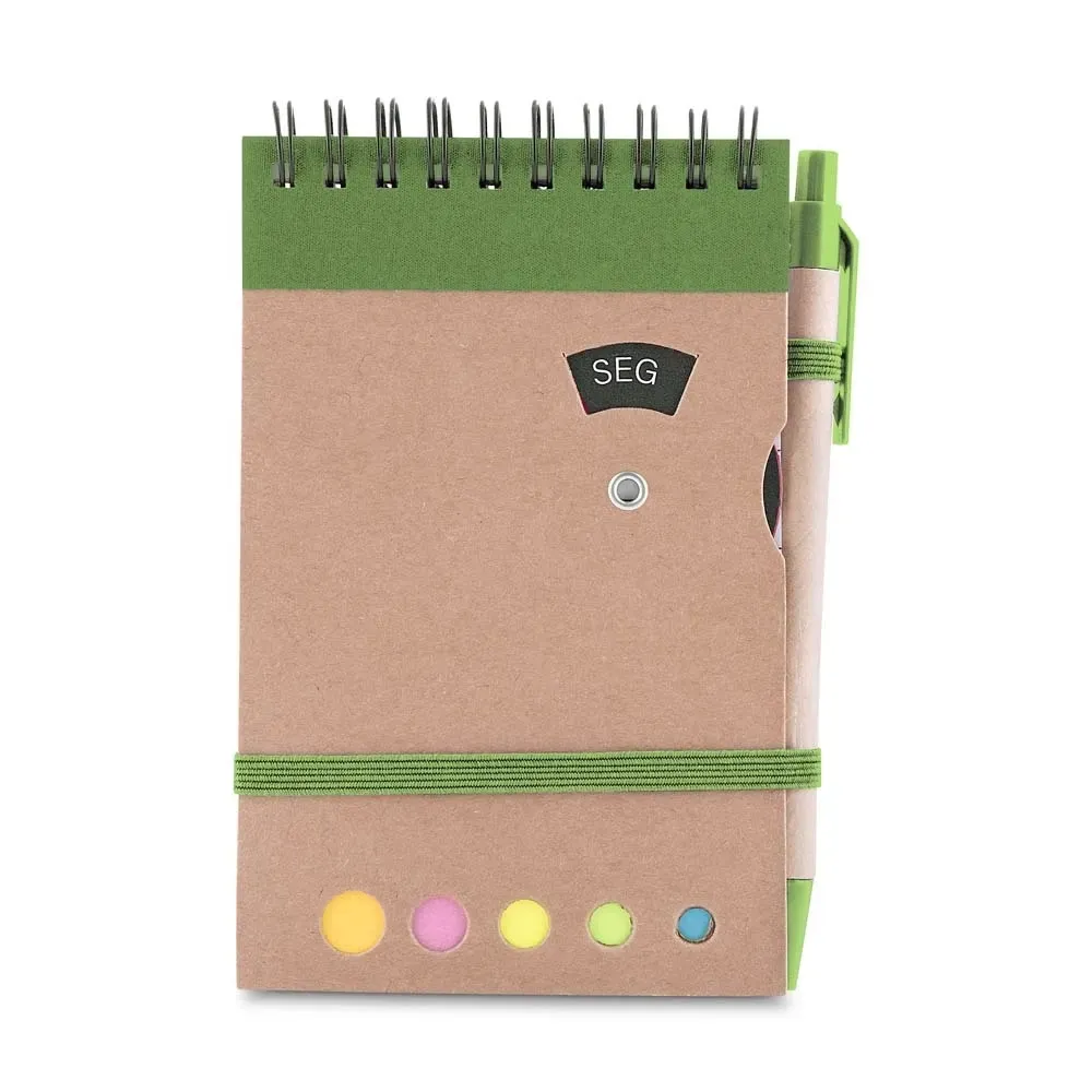 Bloco de anotações kraft personalizado verde com disco semanal e caneta