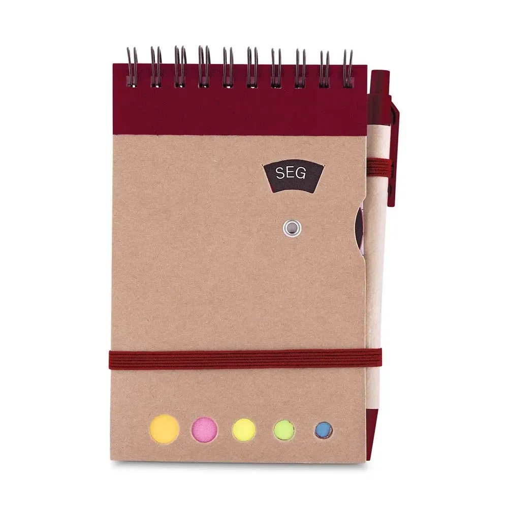 Bloco de anotações kraft personalizado vermelho com disco semanal e caneta