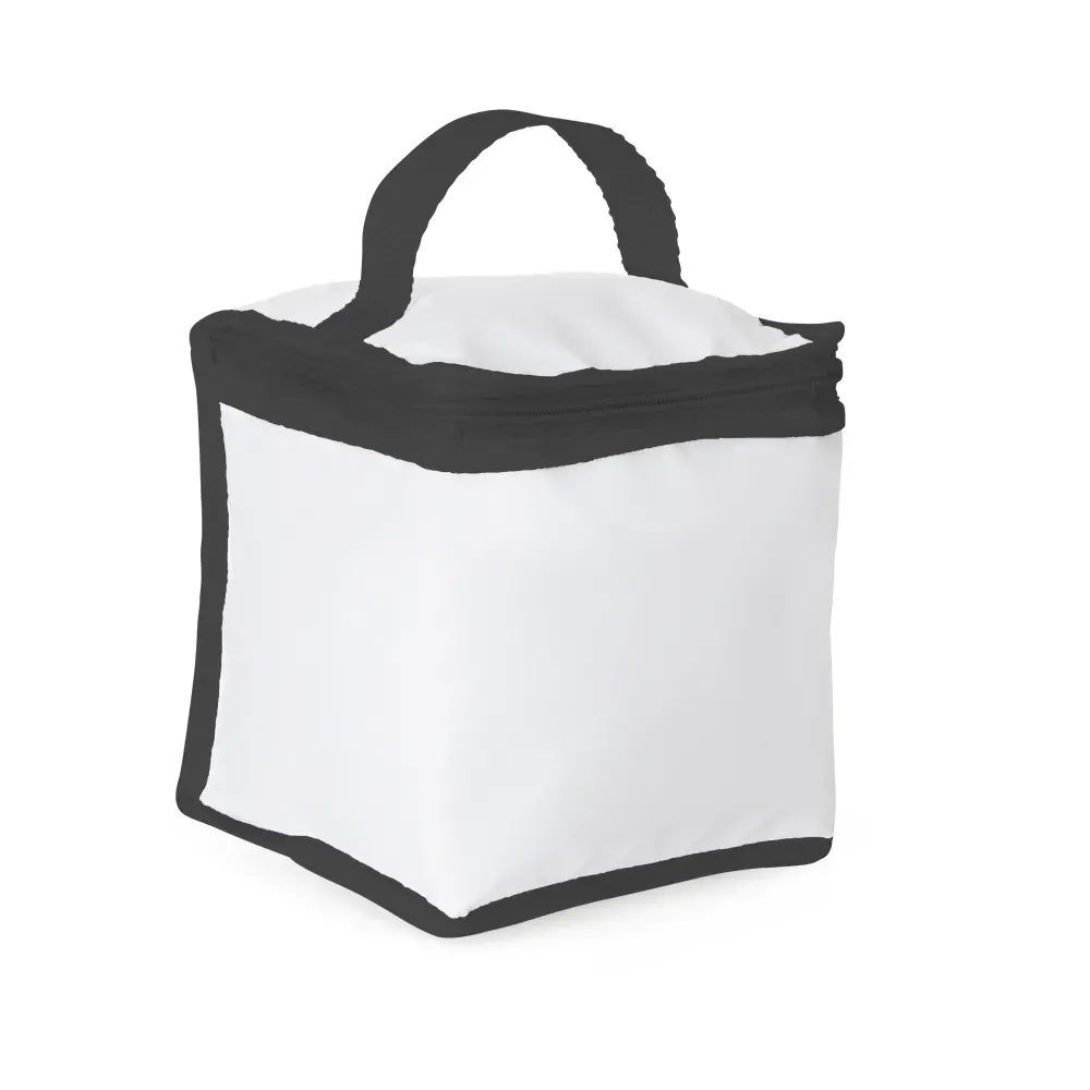 Mini bolsa térmica personalizada de bagum sintético 4 litros, cor branco com preto