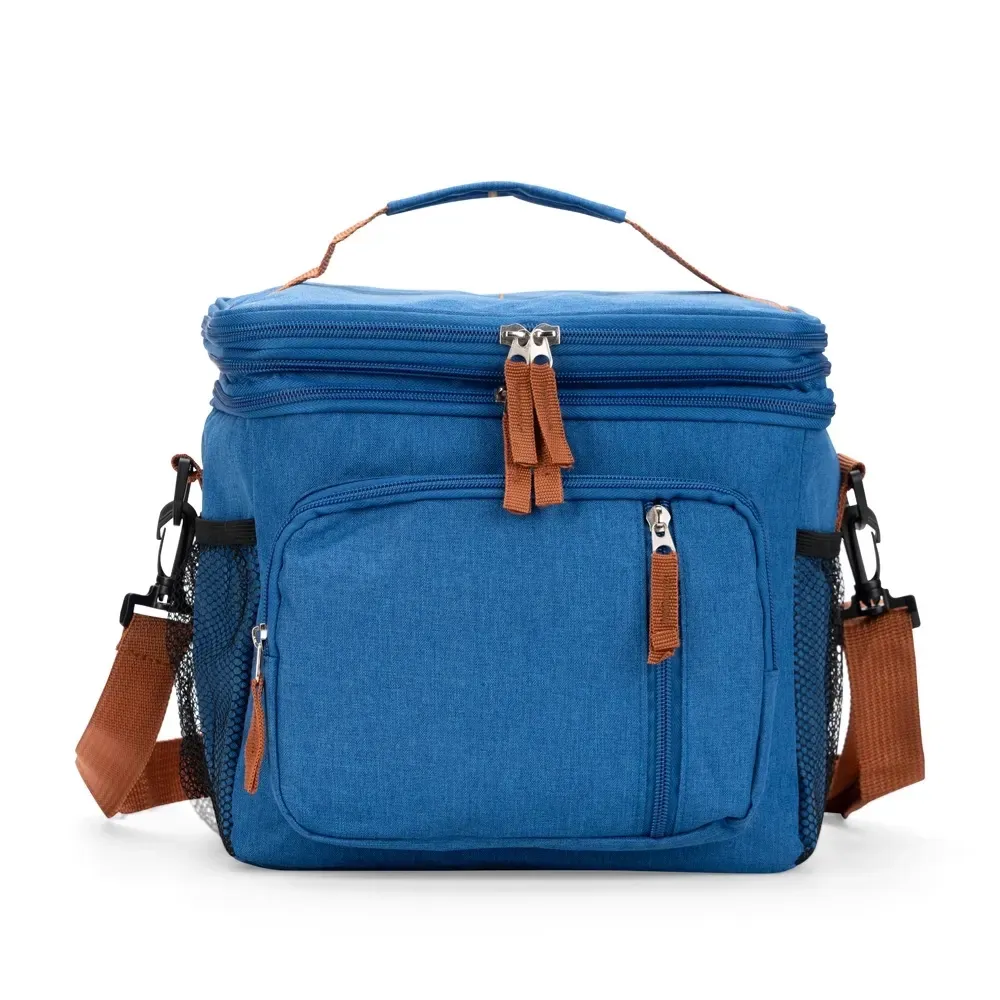 Bolsa térmica dupla expansível personalizada de oxford, 15 litros, cor azul com marrom