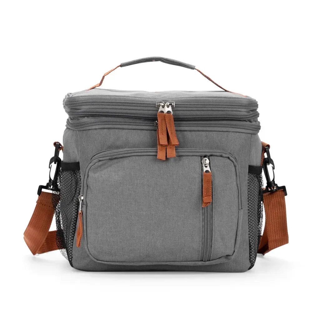 Bolsa térmica dupla expansível personalizada de oxford, 15 litros, cor cinza com marrom