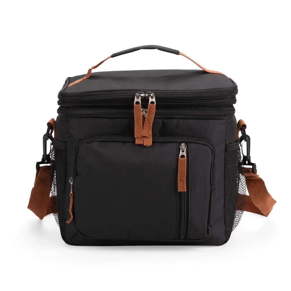 Bolsa térmica dupla expansível personalizada de oxford, 15 litros, cor preto com marrom