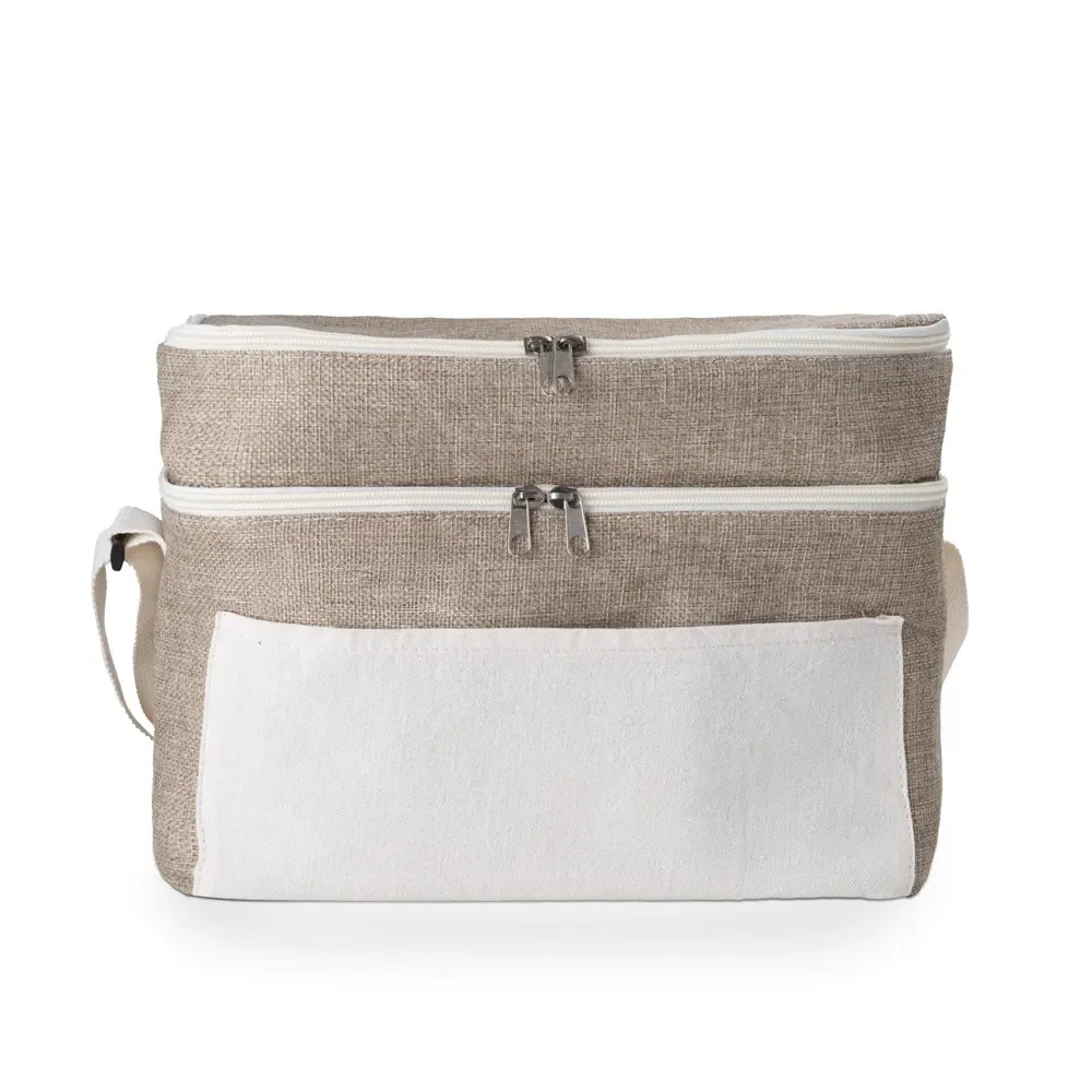 Bolsa térmica dupla personalizada de juta sintética 14 litros, cor bege