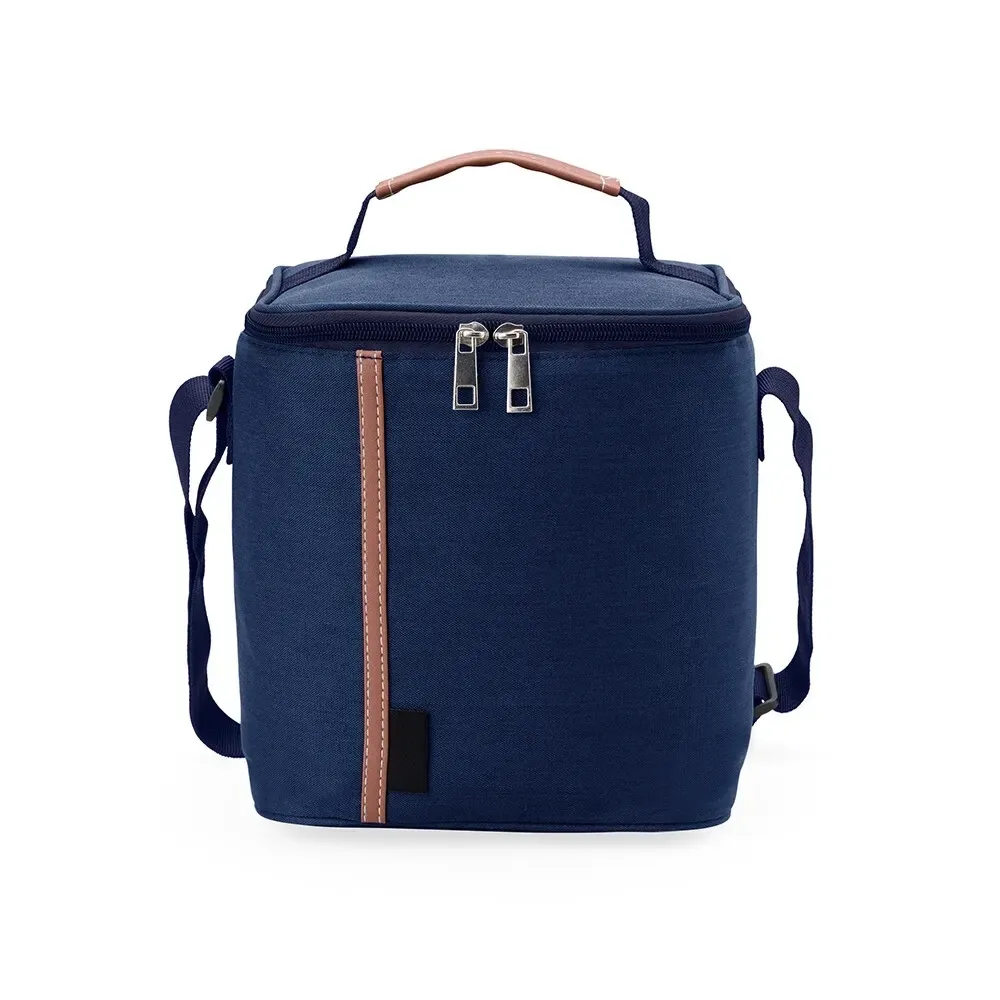 Bolsa Térmica de Nylon 8L com Detalhes em Couro Sintético e Alça de Ombro Personalizada, cor azul escuro