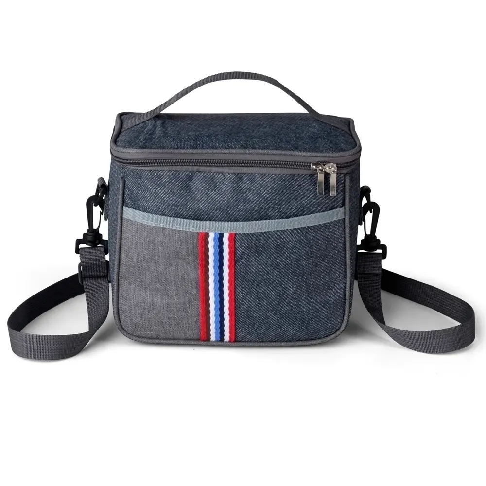 Bolsa Térmica de Nylon 9L com Bolso Frontal e Alça Transversal Personalizada, cor azul