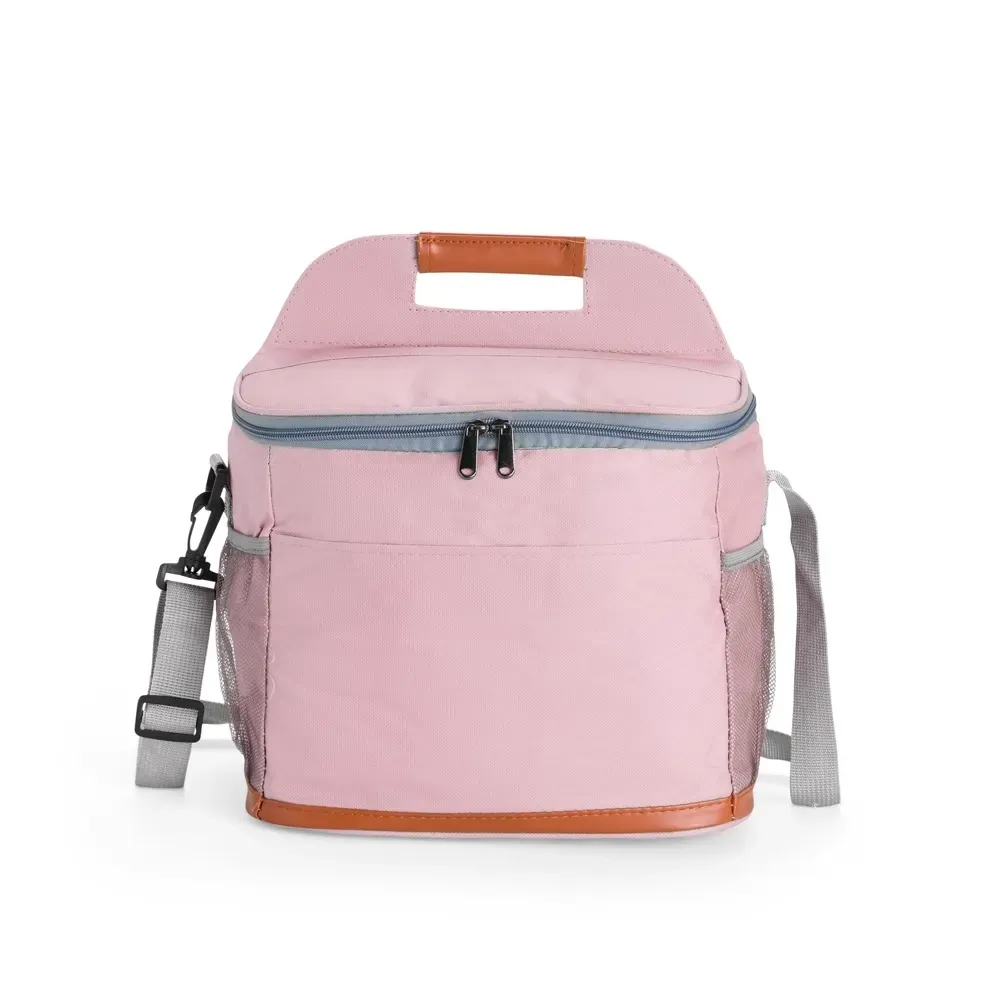 Bolsa Térmica de Oxford 11L com Revestimento em Alumínio e Bolsos Laterais Personalizada, cor rosa