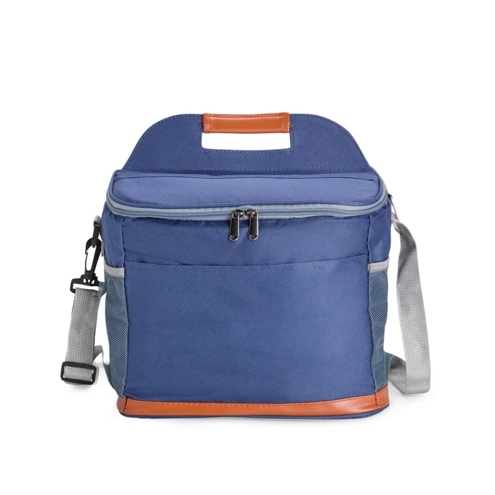 Bolsa Térmica de Oxford 11L com Detalhes em Couro Sintético e Abridor de Garrafas Personalizada, cor azul escuro