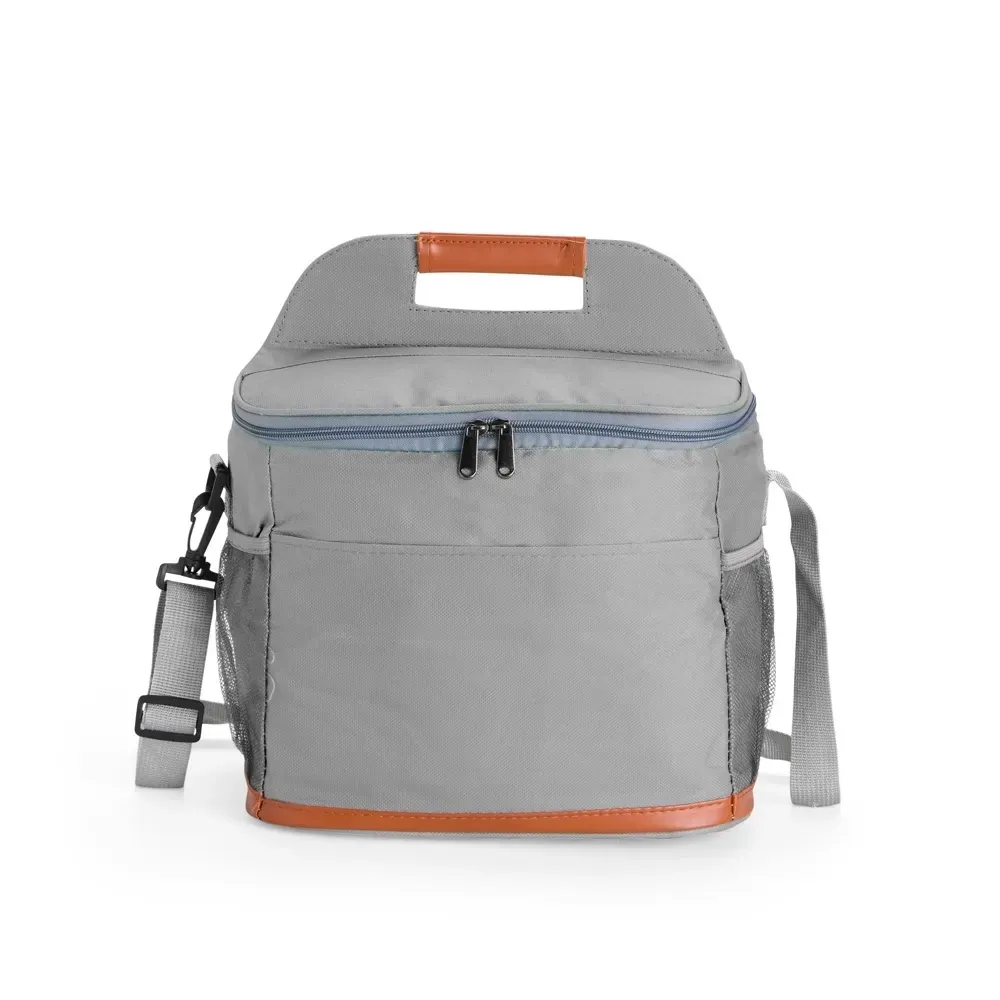 Bolsa Térmica de Oxford 11L com Detalhes em Couro Sintético e Abridor de Garrafas Personalizada, cor cinza