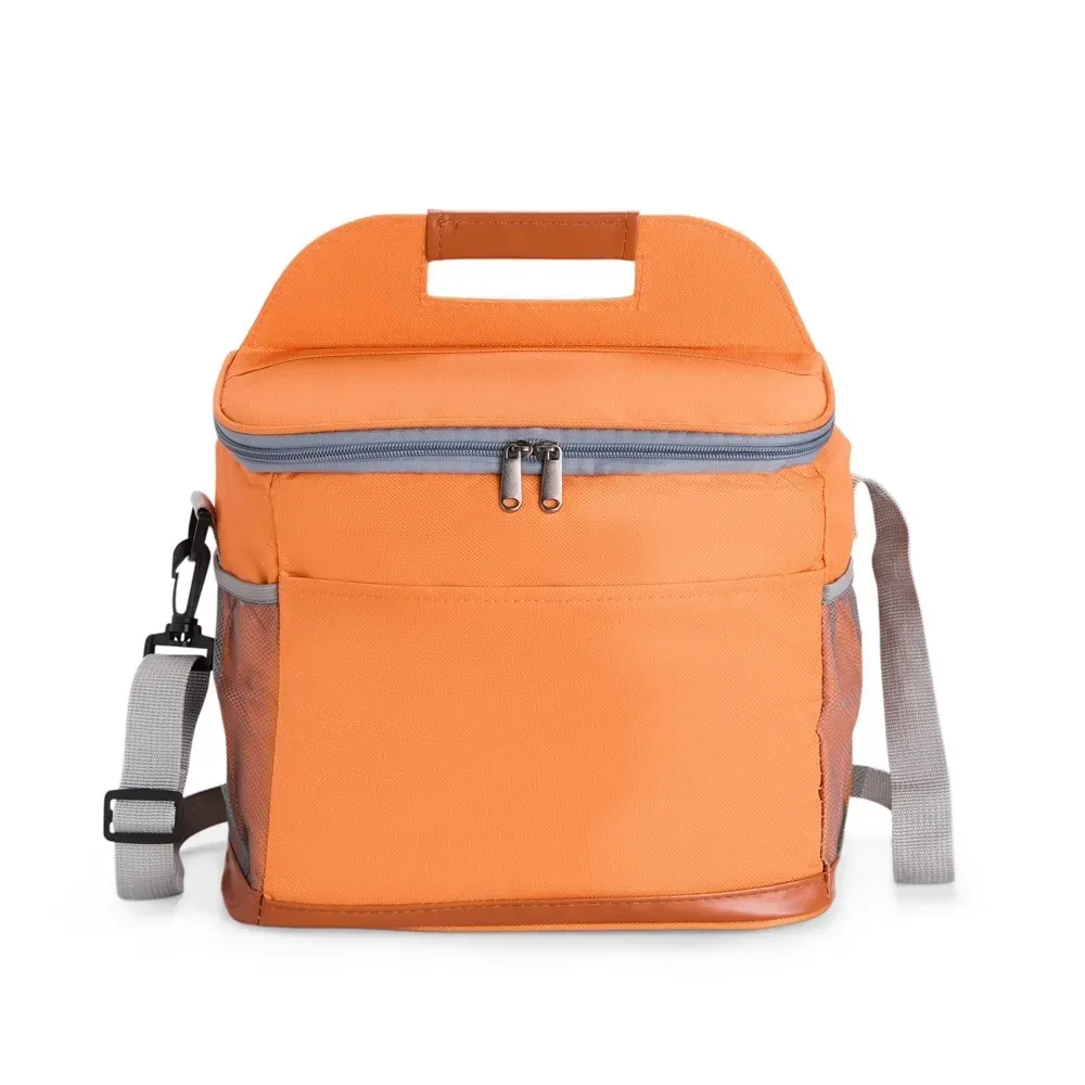 Bolsa Térmica de Oxford 11L com Detalhes em Couro Sintético e Abridor de Garrafas Personalizada, cor laranja
