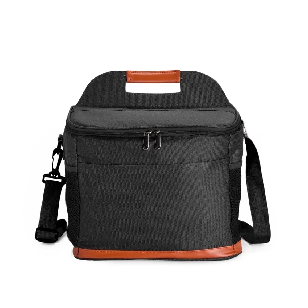 Bolsa Térmica de Oxford 11L com Detalhes em Couro Sintético e Abridor de Garrafas Personalizada, cor preto