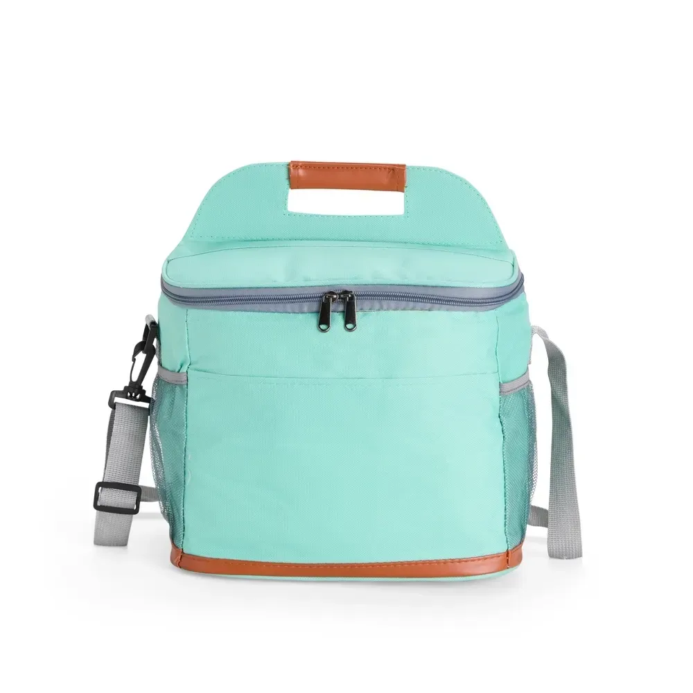 Bolsa Térmica de Oxford 11L com Detalhes em Couro Sintético e Abridor de Garrafas Personalizada, cor verde água