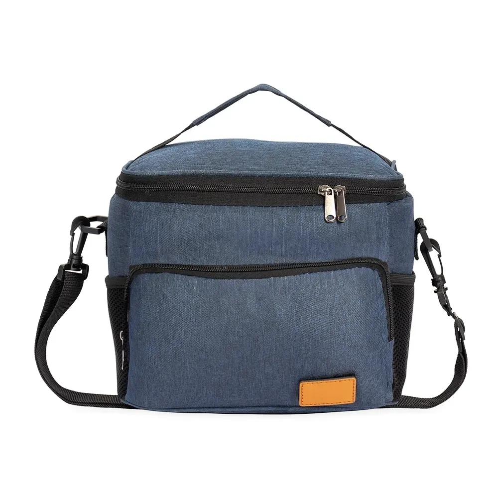Bolsa Térmica de Oxford 11L com Plaquinha em Couro Sintético e Velcro Personalizada, cor azul escuro
