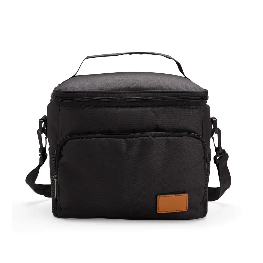 Bolsa Térmica de Oxford 11L com Plaquinha em Couro Sintético e Velcro Personalizada, cor preto