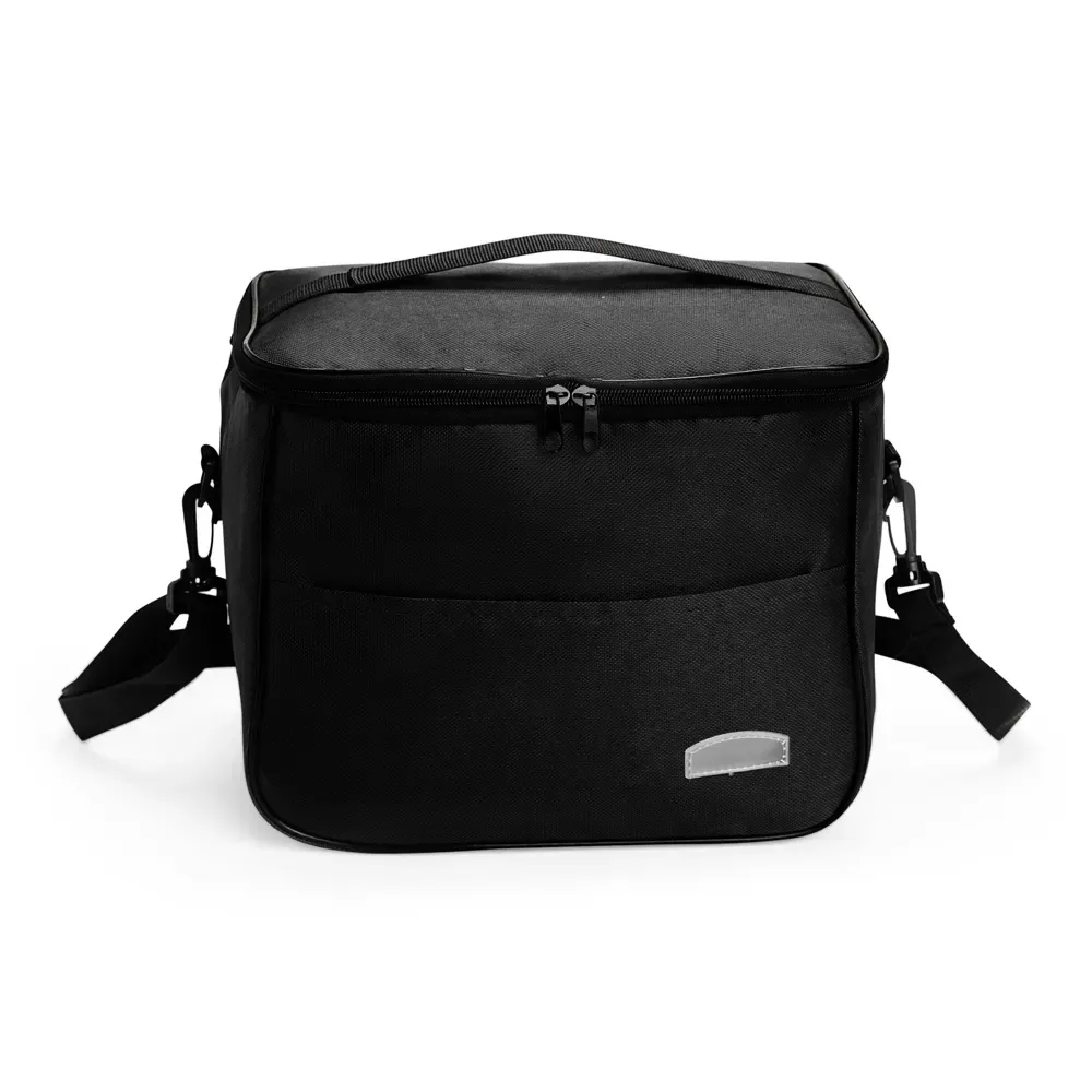 Bolsa Térmica de Oxford 13L com Revestimento em Alumínio e Plaquinha em PVC Personalizada, cor preto