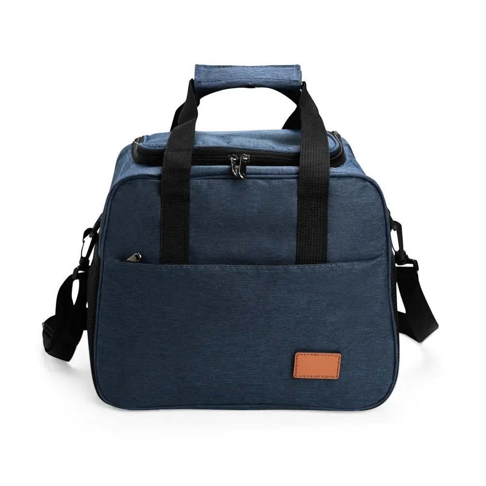 Bolsa Térmica de Oxford 20L com Plaquinha em Couro Sintético e Velcro Personalizada, cor azul escuro