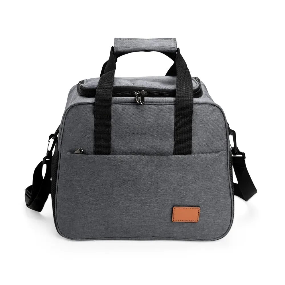 Bolsa Térmica de Oxford 20L com Plaquinha em Couro Sintético e Velcro Personalizada, cor cinza