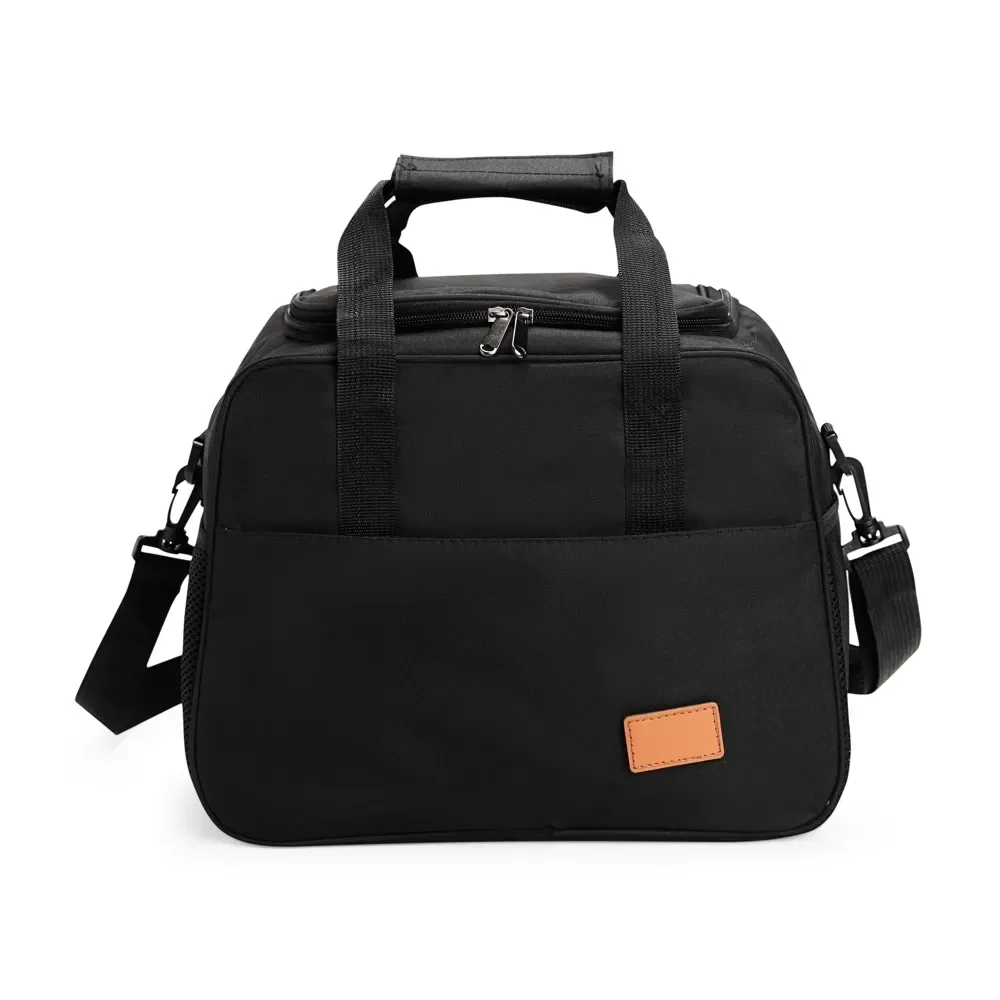 Bolsa Térmica de Oxford 20L com Plaquinha em Couro Sintético e Velcro Personalizada, cor preto