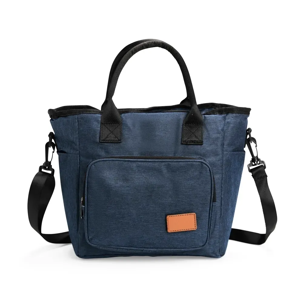 Bolsa Térmica de Oxford 300D Catiônico 10L com Plaquinha em Couro Sintético e Velcro Personalizada, cor azul escuro