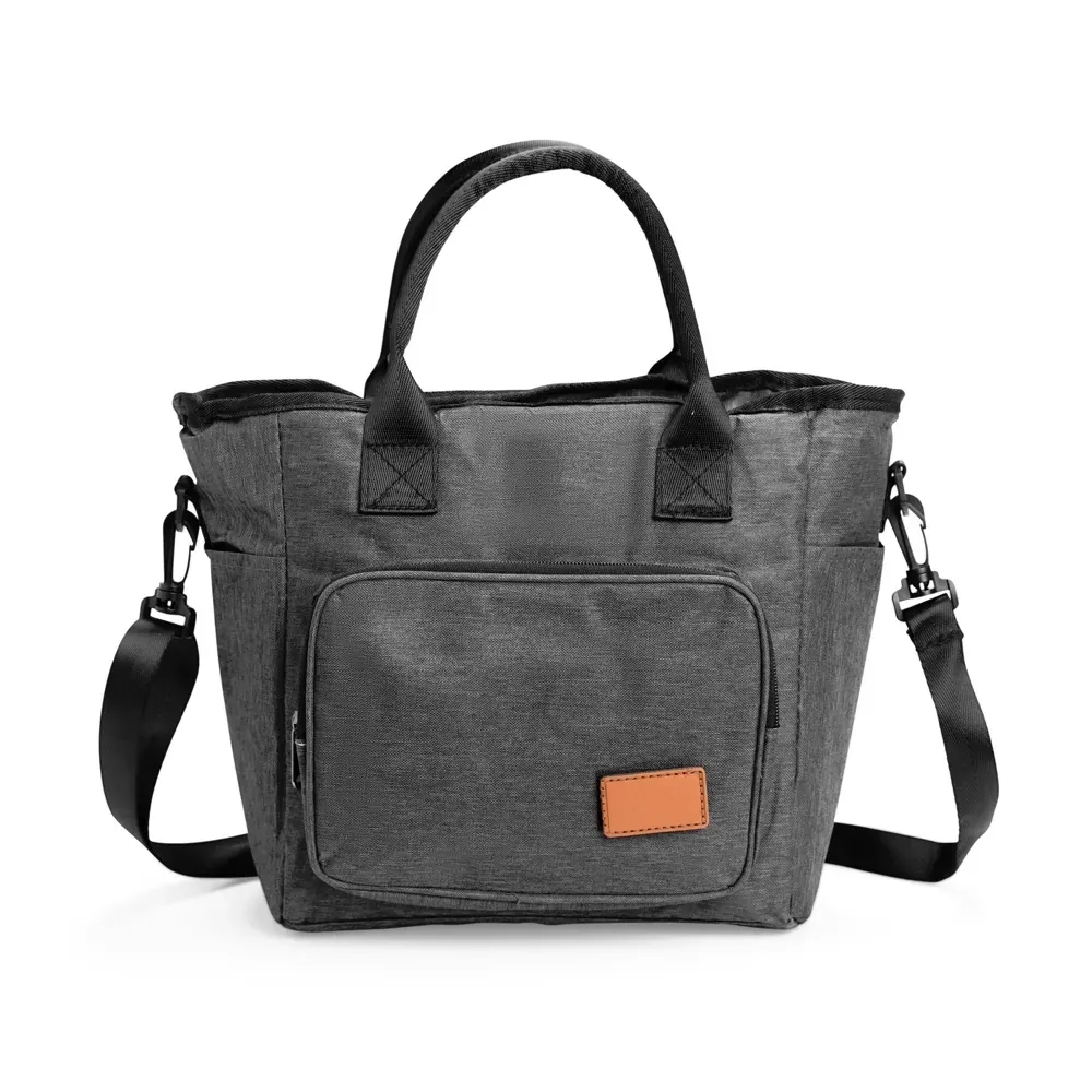 Bolsa Térmica de Oxford 300D Catiônico 10L com Plaquinha em Couro Sintético e Velcro Personalizada, cor cinza
