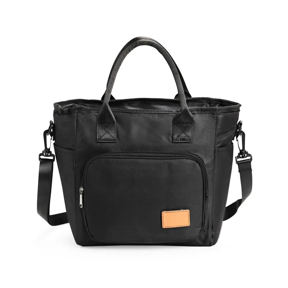Bolsa Térmica de Oxford 300D Catiônico 10L com Plaquinha em Couro Sintético e Velcro Personalizada, cor preto