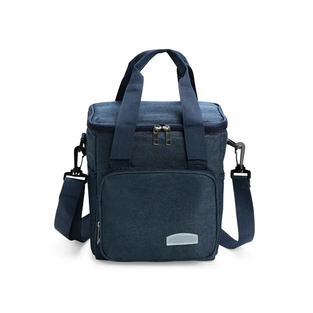 Bolsa Térmica de Oxford 7L com Plaquinha em PVC e Alça Transversal Removível Personalizada, cor azul escuro
