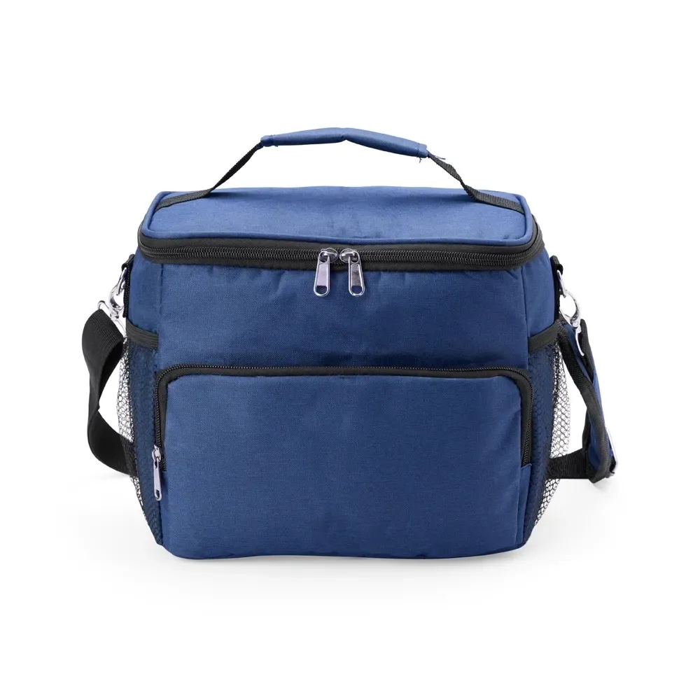 Bolsa Térmica de Poliéster 11L com Dois Compartimentos e Bolso Telado Personalizada, cor azul