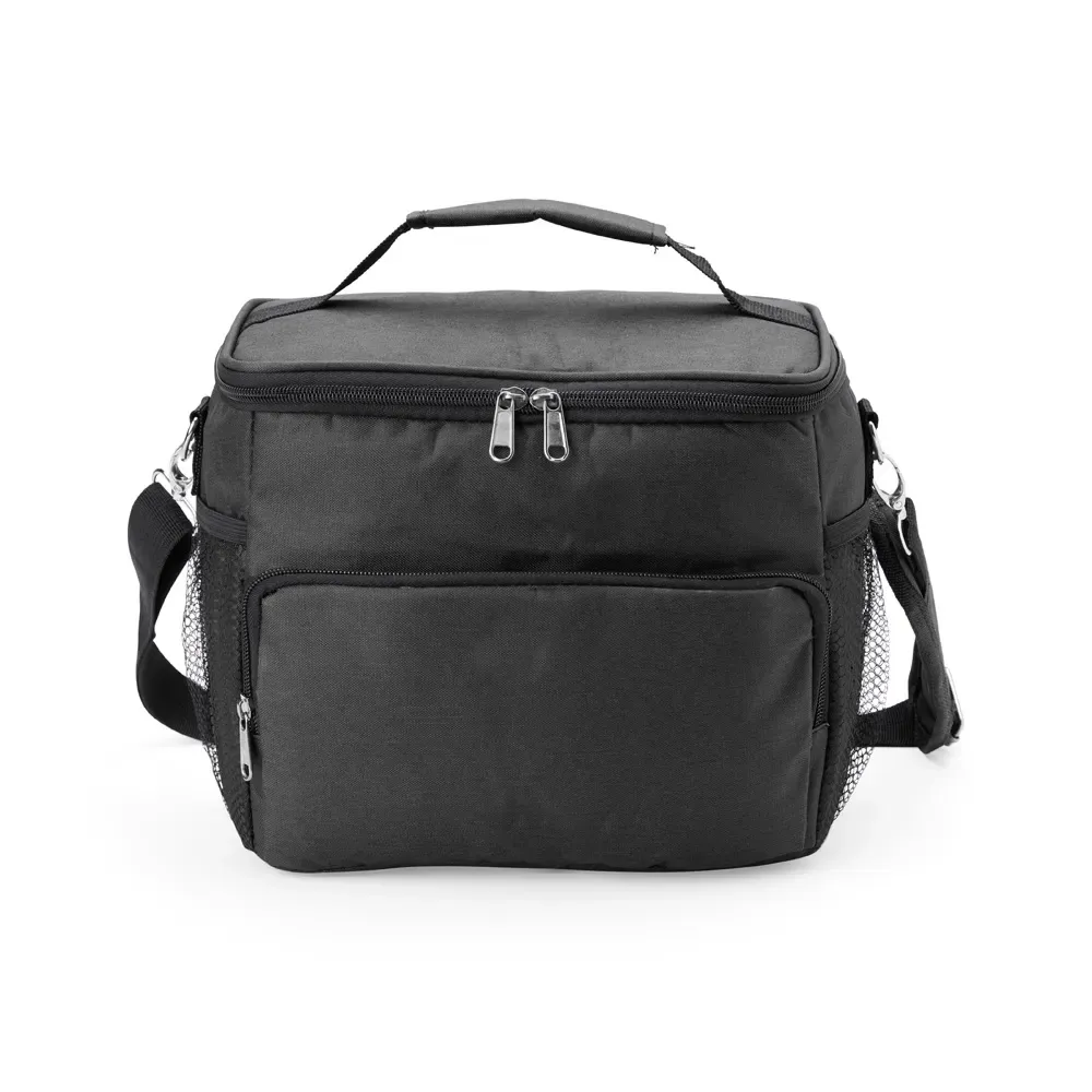 Bolsa Térmica de Poliéster 11L com Dois Compartimentos e Bolso Telado Personalizada, cor preto