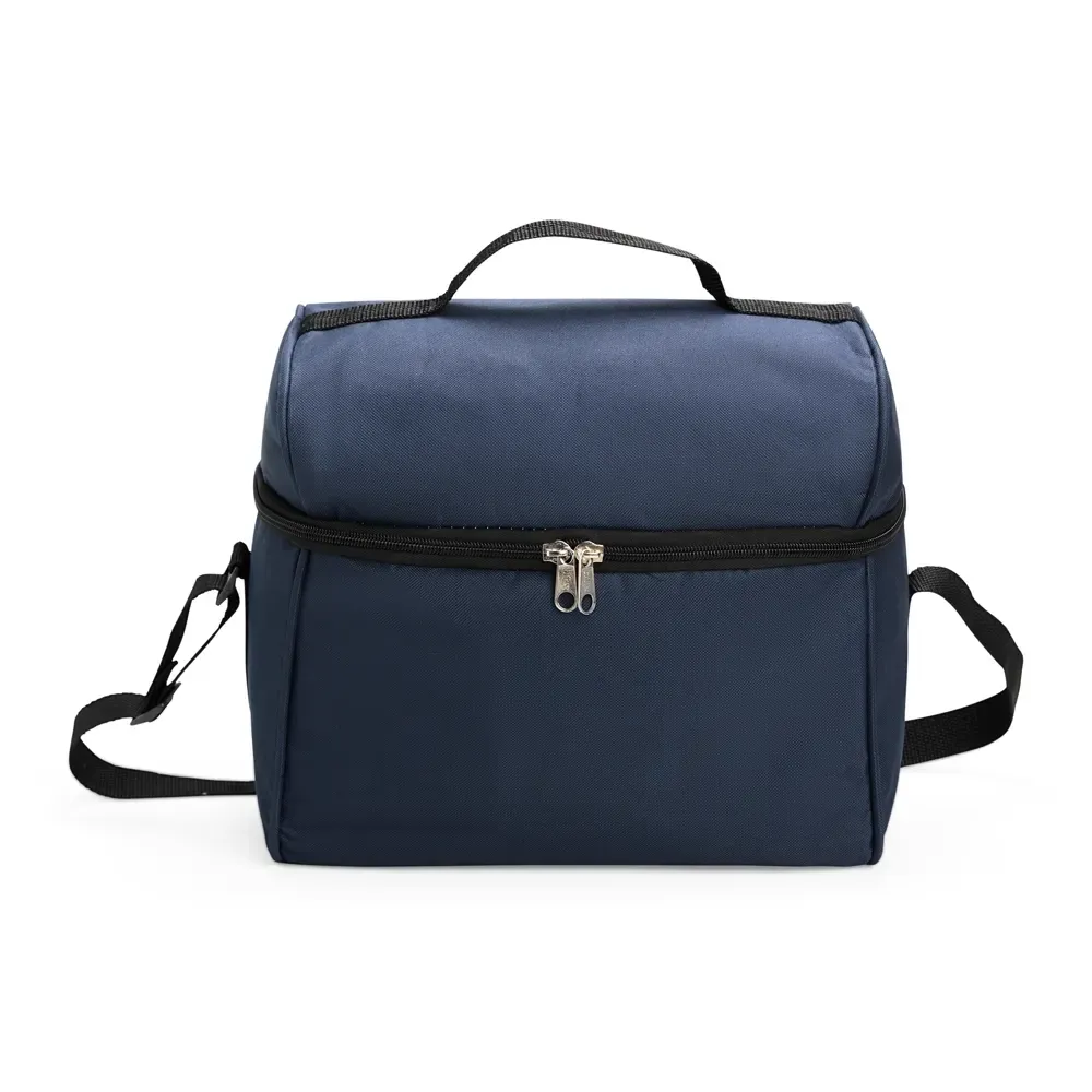 Bolsa térmica personalizada de poliéster 14 litros com PVC prata, cor azul escuro