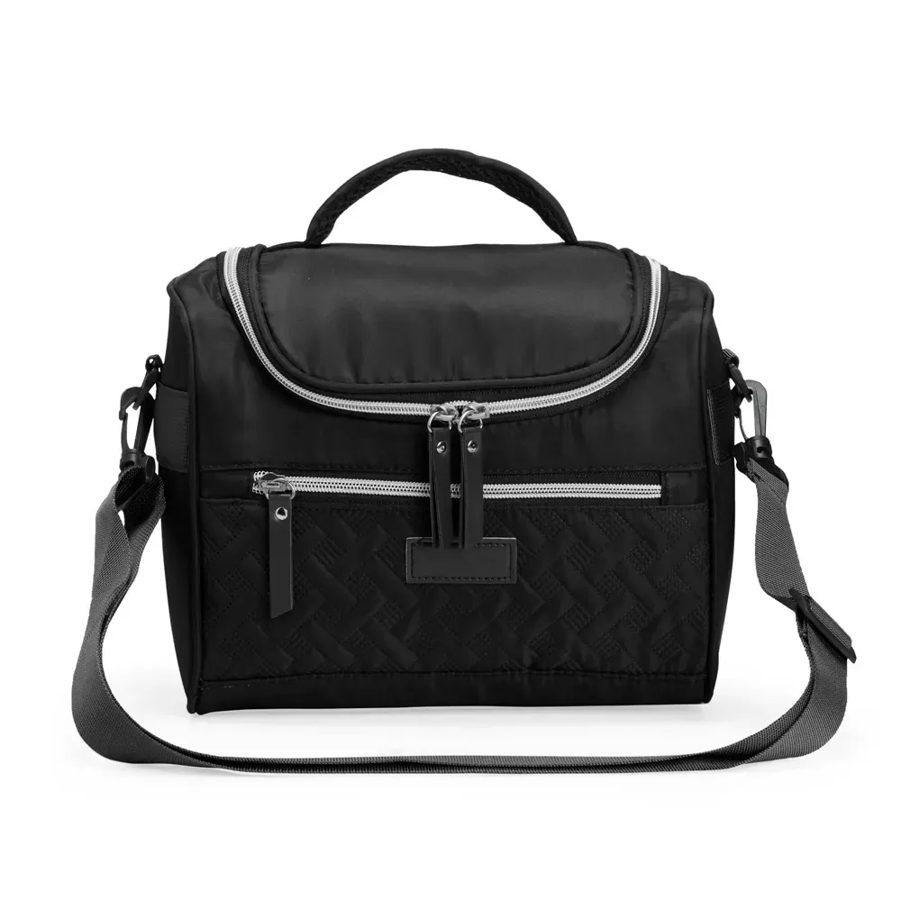 Bolsa Térmica de Poliéster 9L com Detalhes em Couro Sintético e Alça de Ombro Personalizada, cor preto