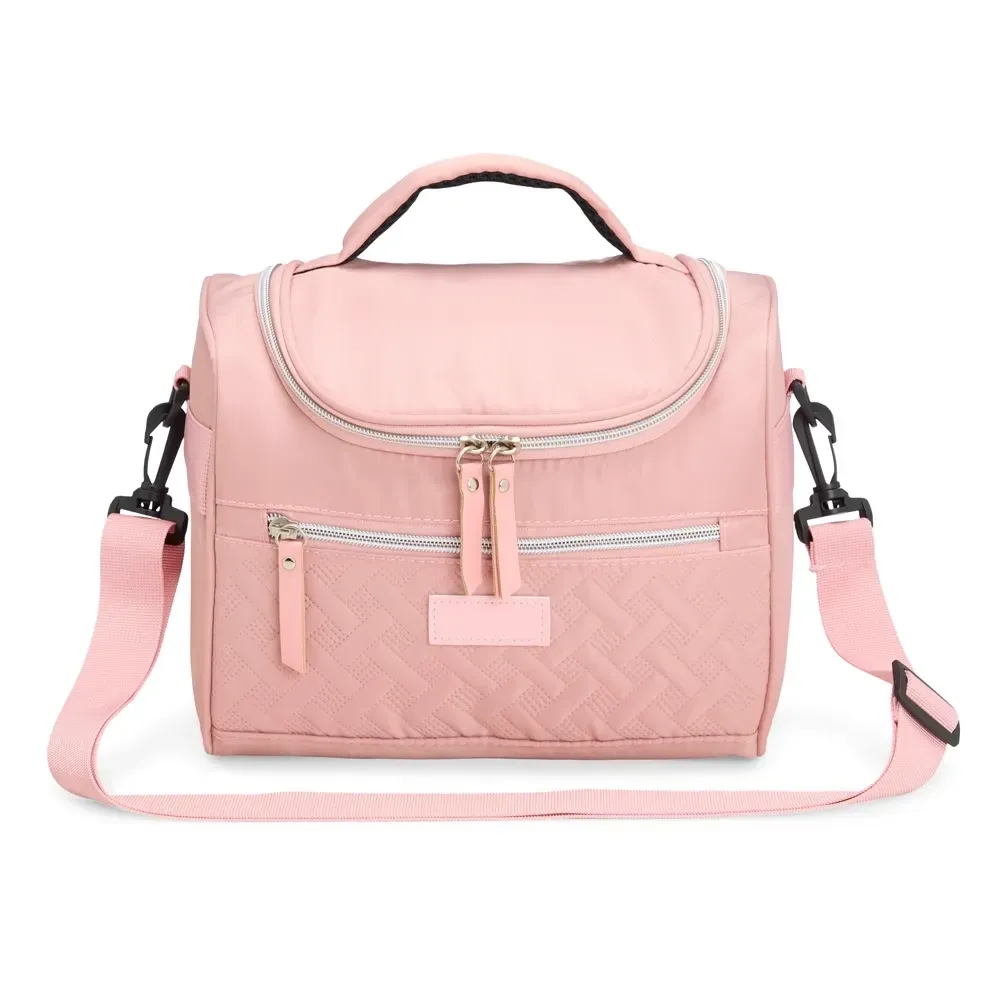Bolsa Térmica de Poliéster 9L com Detalhes em Couro Sintético e Alça de Ombro Personalizada, cor rosa