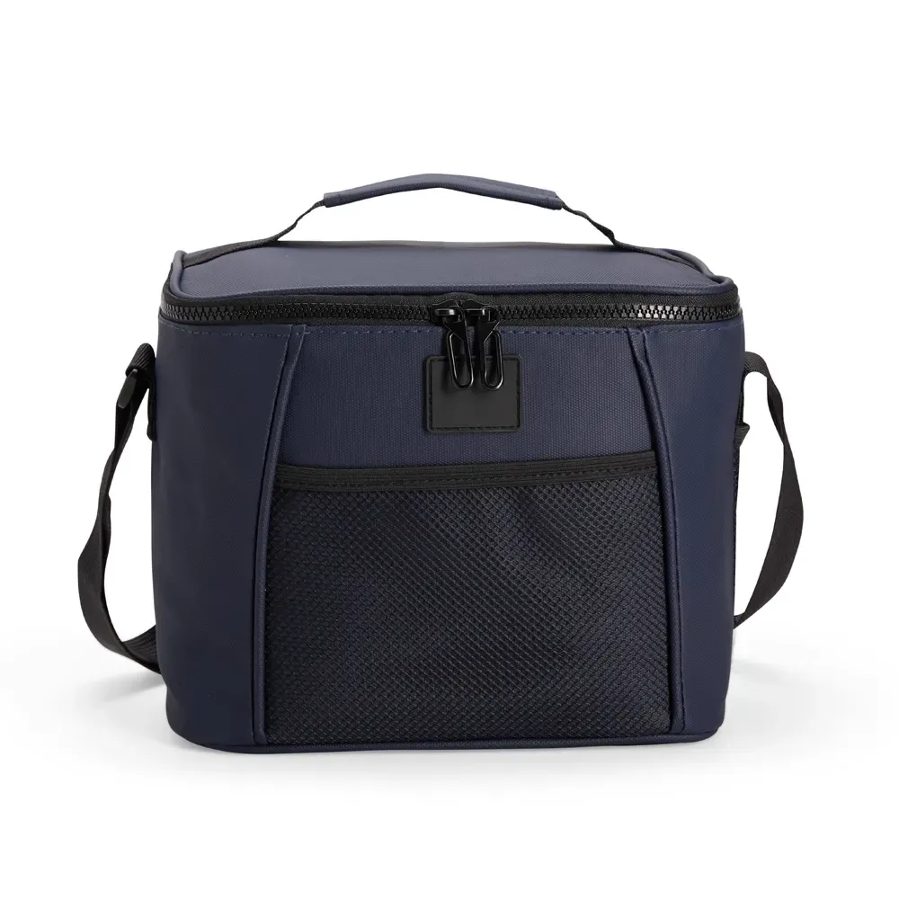 Bolsa Térmica de Poliéster e PVC 10L com Bolsos em Tela Personalizada, cor azul escuro