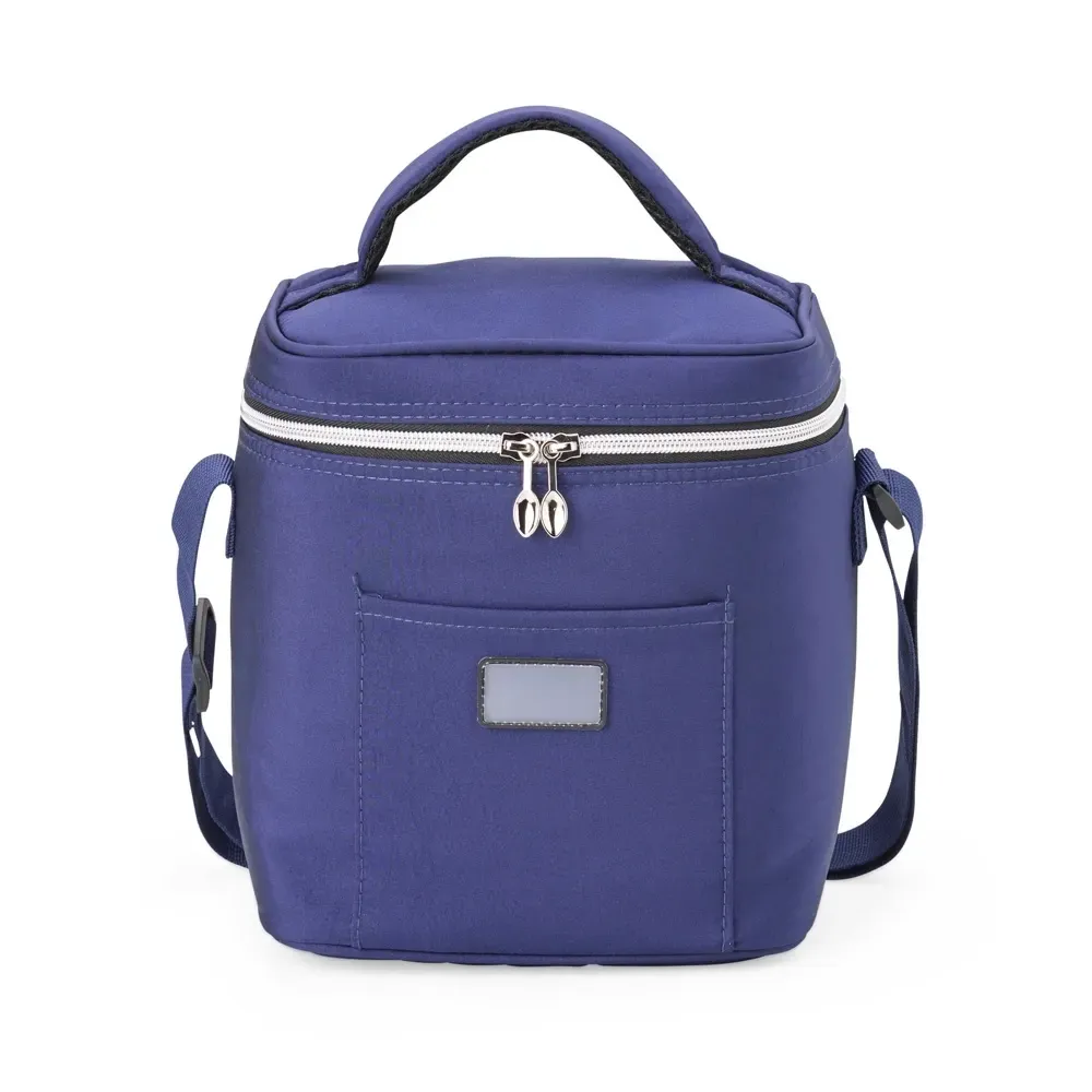 Bolsa Térmica em Tecido Sintético 10L com Plaquinha Plástica Personalizada, cor azul com azul