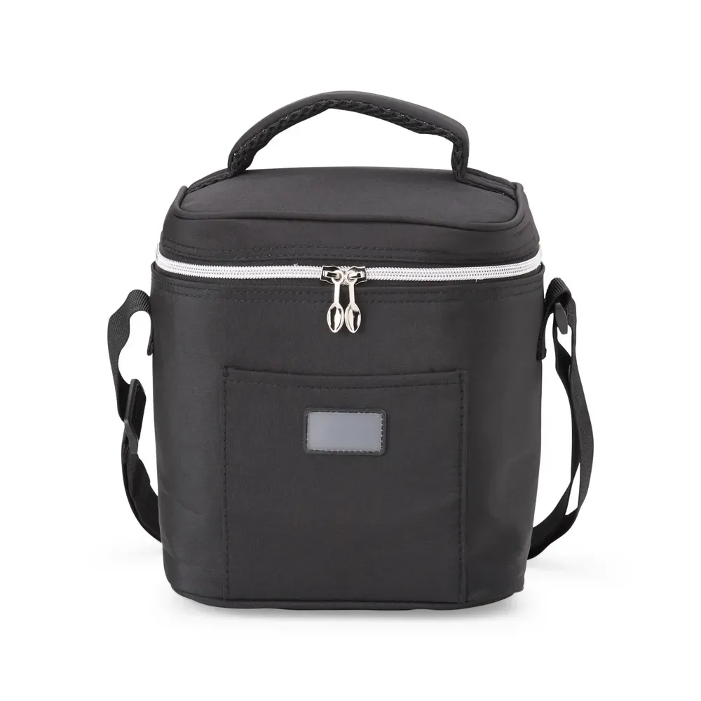 Bolsa Térmica em Tecido Sintético 10L com Plaquinha Plástica Personalizada, cor preto