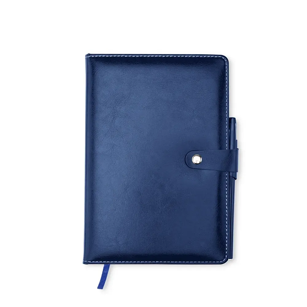 Caderneta de couro sintético personalizada azul com caneta
