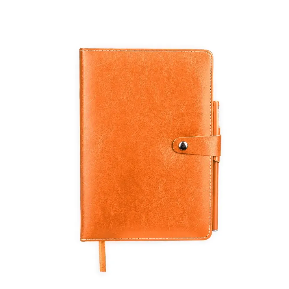 Caderneta de couro sintético personalizada laranja com caneta