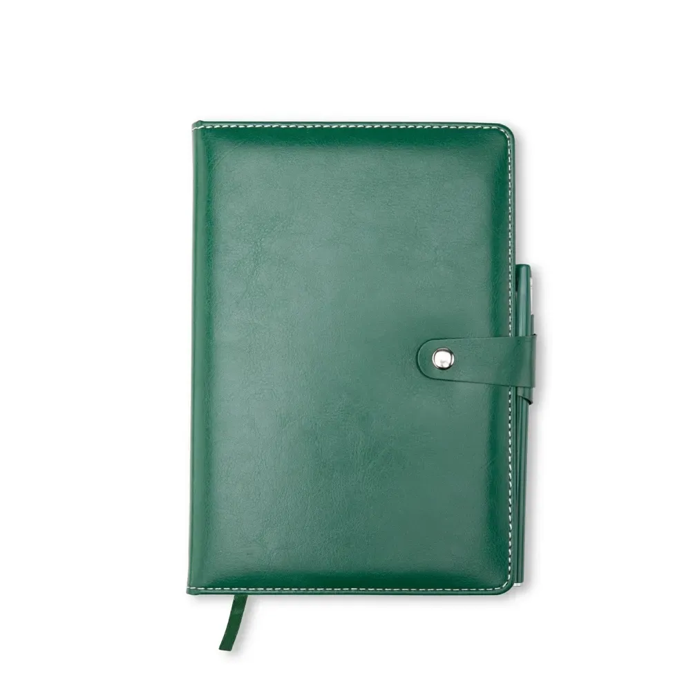 Caderneta de couro sintético personalizada verde com caneta