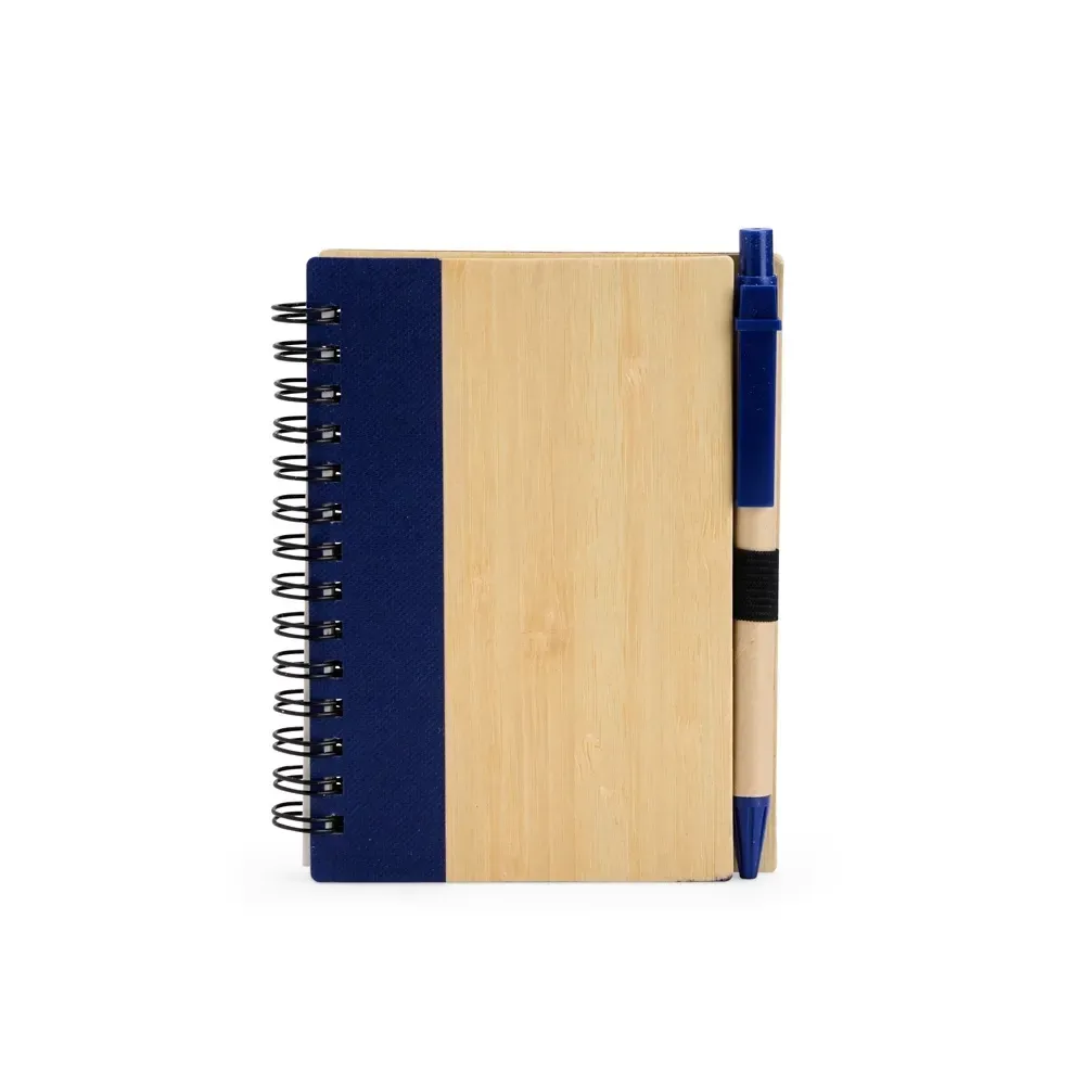 Caderno ecológico de bambu personalizado azul com caneta
