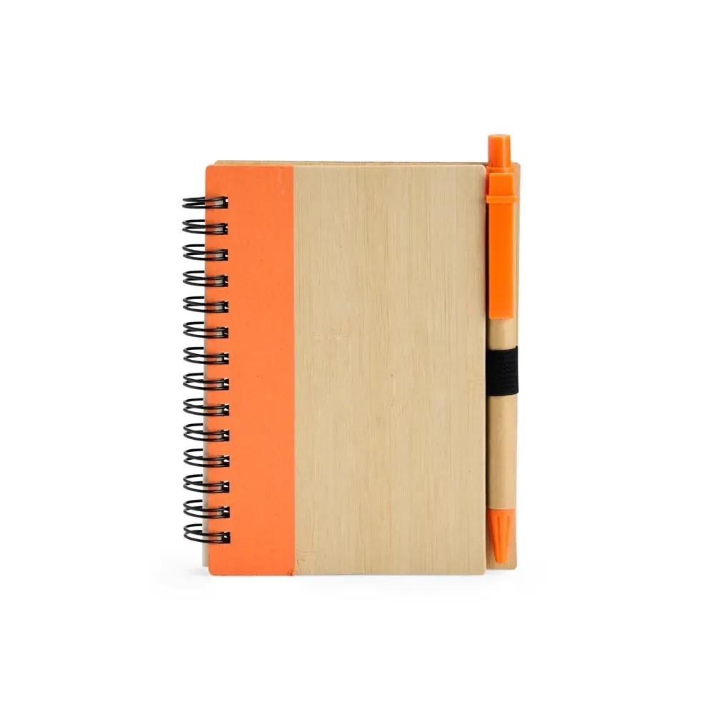 Caderno ecológico de bambu personalizado laranja com caneta