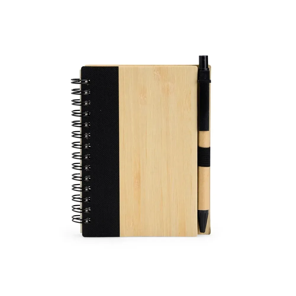 Caderno ecológico de bambu personalizado preto com caneta