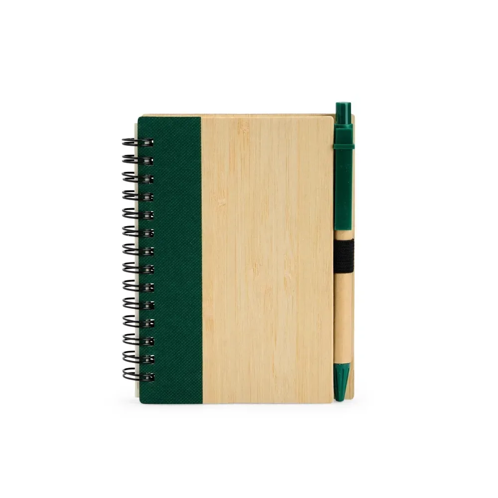 Caderno ecológico de bambu personalizado verde com caneta