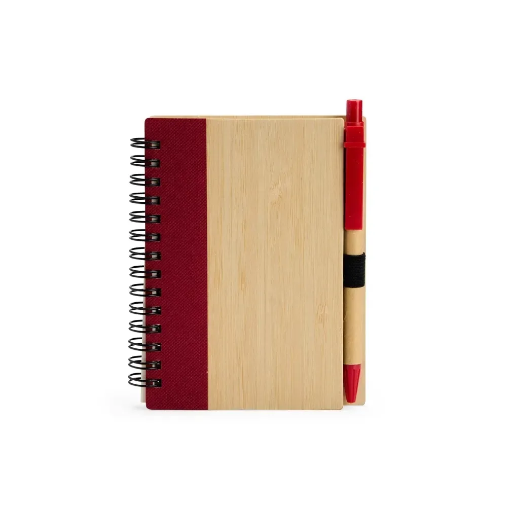 Caderno ecológico de bambu personalizado vermelho com caneta