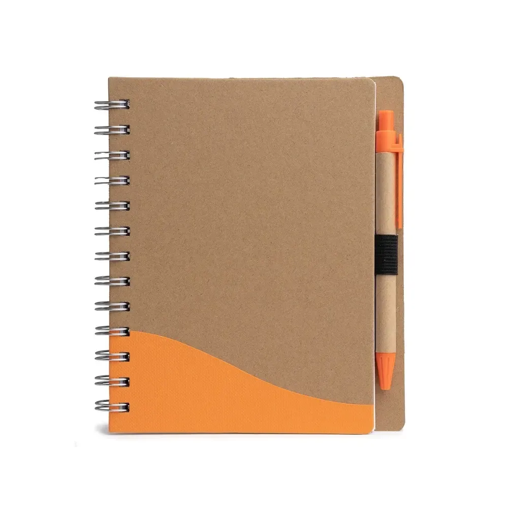 Caderno ecológico personalizado com caneta laranja