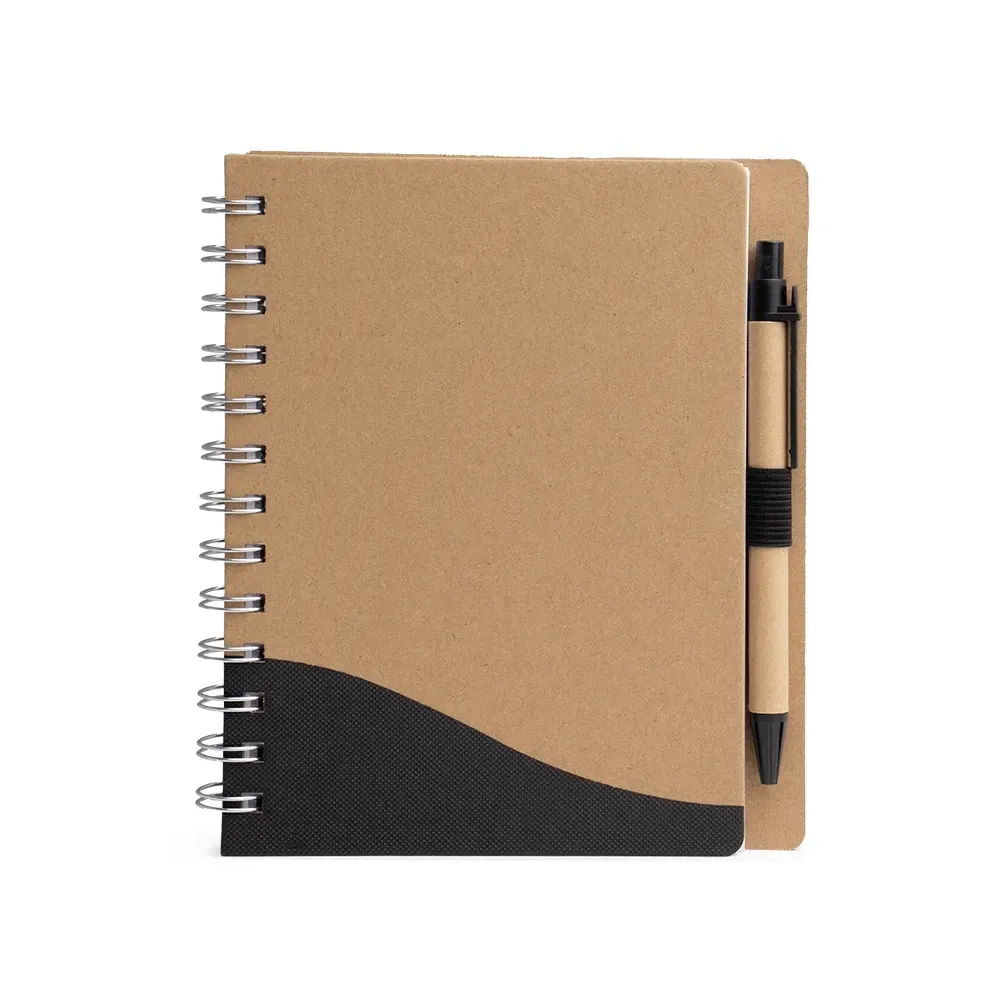 Caderno ecológico personalizado com caneta preto — vista frontal