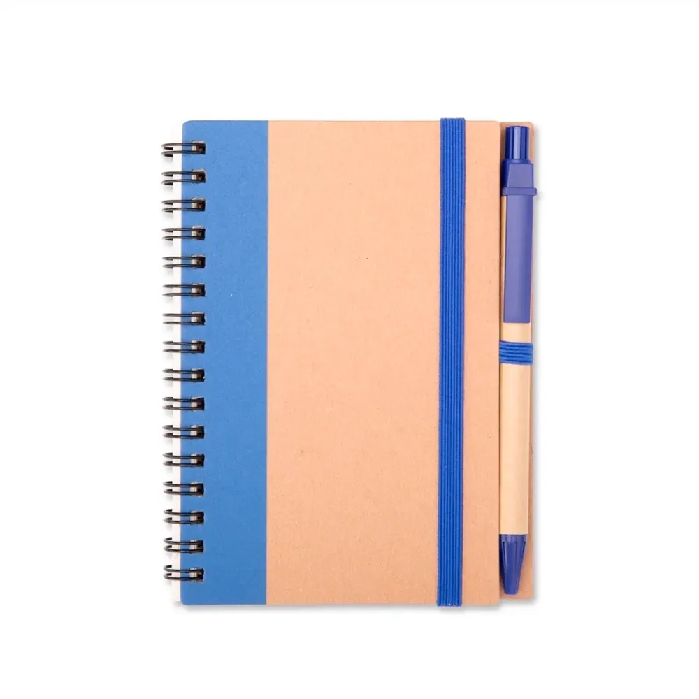 Caderno ecológico kraft personalizado azul com caneta