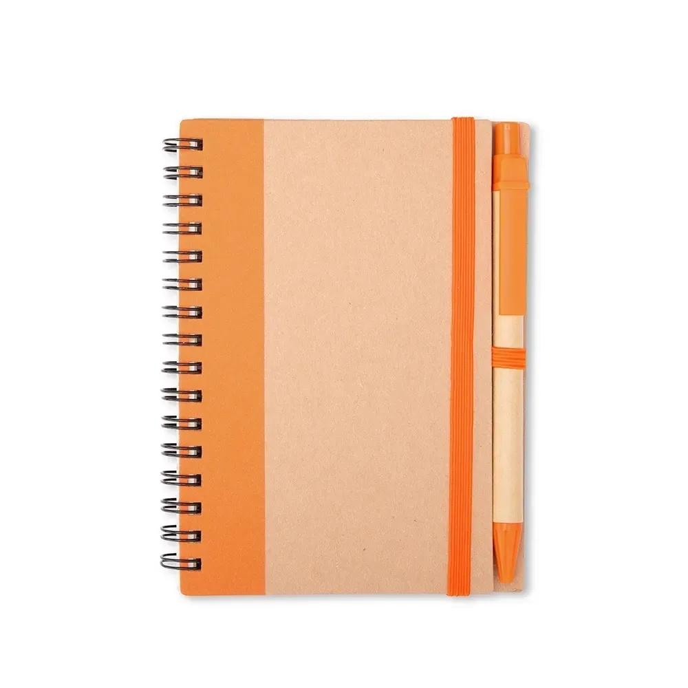 Caderno ecológico kraft personalizado laranja com caneta