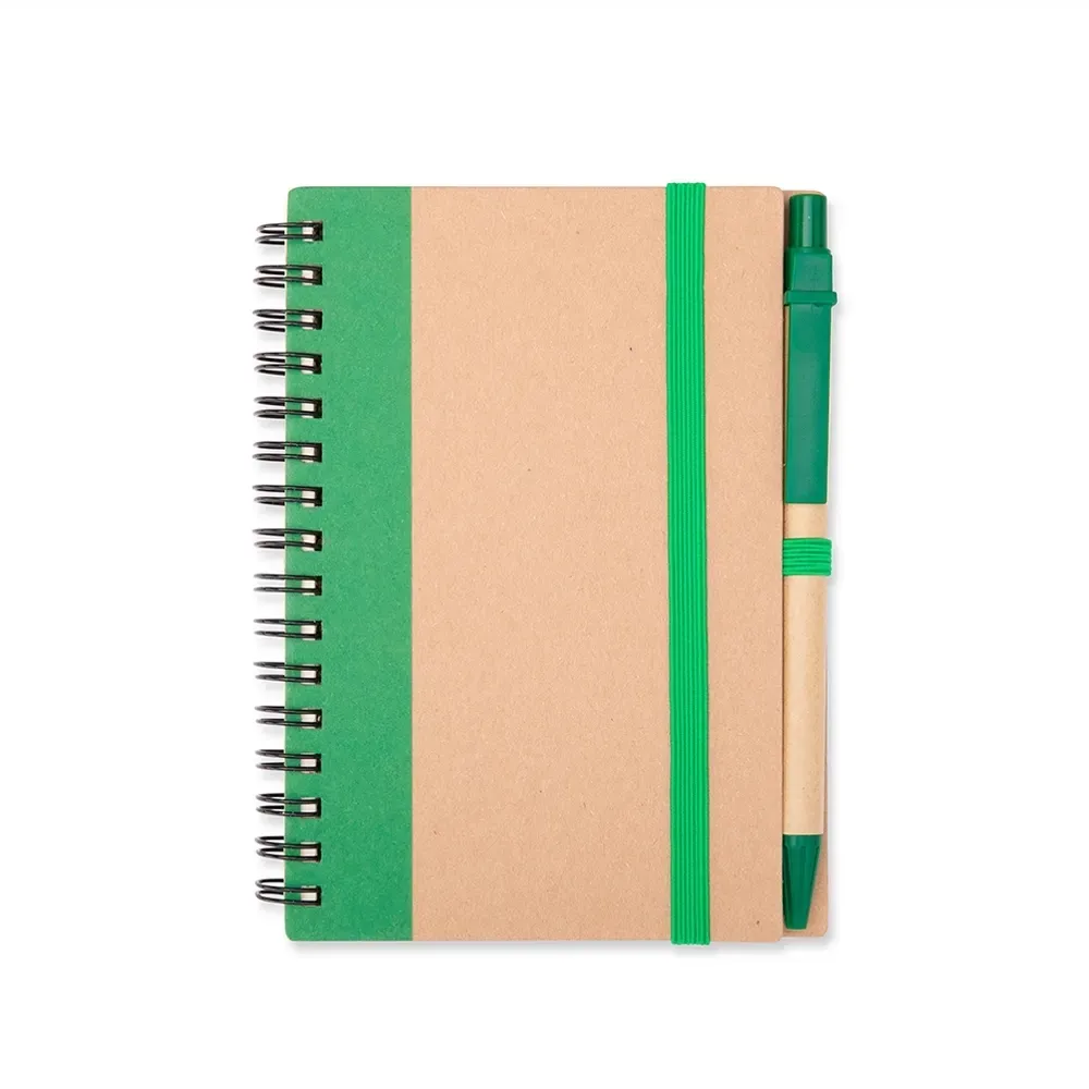 Caderno ecológico kraft personalizado verde com caneta